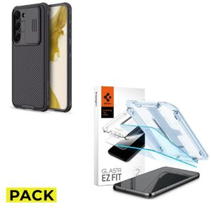 PACK KRYT NILLKIN CAMSHIELD PRO GALAXY S23 BLACK + TVRZENÉ SKLO SPIGEN GLAS.TR ”EZ FIT” 2-PACK GALAXY S23 CLEAR