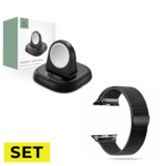 SET ŘEMÍNEK AIR BAND MILANESELOOP OCELOVÝ – NEREZOVÝ APPLE WATCH 4 / 5 / 6 / 7 / 8 / 9 /  SE / ULTRA 1 / 2 (42 / 44 / 45 / 49 MM) ČERNÝ + BEZDRÁTOVÁ NABÍJEČKA TECH-PROTECT QI3W-IW2 WIRELESS CHARGER APPLE WATCH BLACK