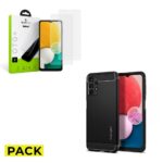 PACK TVRZENÉ SKLO GLASTIFY OTG+ 2-PACK GALAXY A13 4G / LTE CLEAR + KRYT SPIGEN RUGGED ARMOR GALAXY A13 4G / LTE MATTE BLACK
