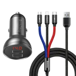 Baseus nabíječka do auta s 24W displejem + kabel USB 3v1 Baseus Tri základní barvy 1,2 m