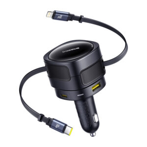 Baseus Enjoyment Max nabíječka do auta s kabely USB‑C a Lightning a porty USB‑A a USB‑C 90W, černá