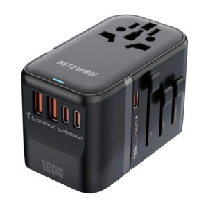 Blitzwolf BW-TA2 cestovní adaptér 5 v 1 2× USB PD + 2× USB‑C QC + USB‑C GaN 100W
